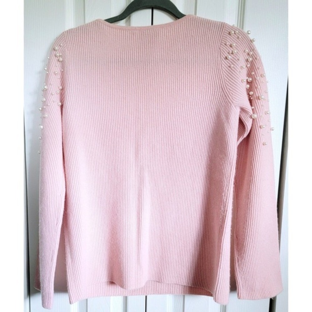 Neiman Marcus Cashmere Collection Pink Pearl Embellished V-Neck Sweater Small - Picture 10 of 12